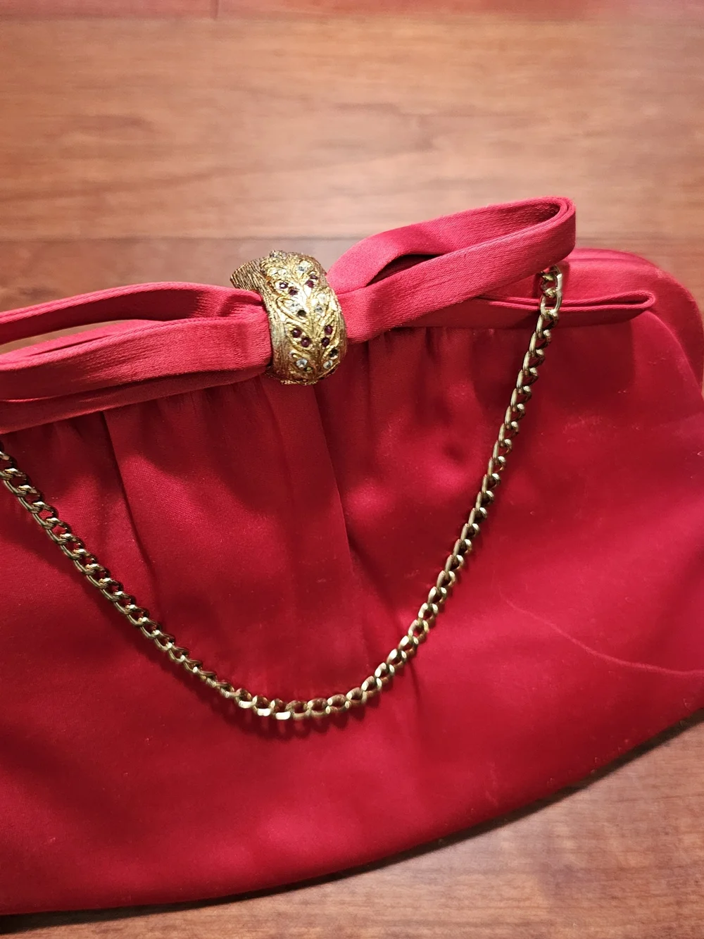 Red Satin Evening Wristlet Clutch with Gold Accent